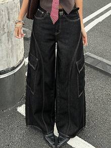 DAZY Women's Low Waist Seam Split Design Decorative Pockets Casual Straight Leg Jeans - Black - View 4