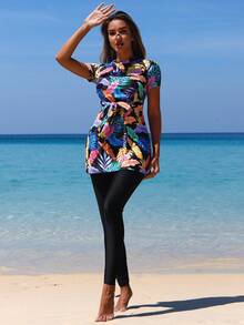 Swim Shayni 2pcs Women Leaf Print Tie Waist Burkini Set - Multicolor - View 4
