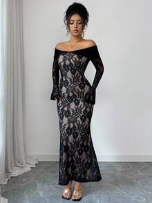 Glyssa 女式复古法式针织蕾丝露肩修身长袖连衣裙，适合秋冬季派对、庆典、正式场合 - 黑色 - 查看 5