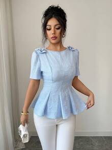 Elenzga Women's Elegant Light Blue Floral Textured Blouse,Summer Petal Sleeve Fitted Top For Tea Party,Dates,Commuting, Vacations,Weddings & Outings - Baby Blue - View 3