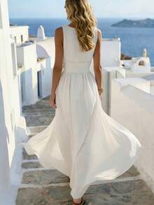 Franclia Summer Fresh White V-Neck Sleeveless Slip Dress, Embroidery Waist Pleated Loose Maxi Dress, Casual Vacation Beach Commute Date Versatile Linen Blend Dress - White - View 2