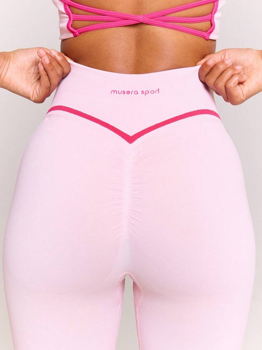 Musera Sport 撞色缝线高腰提臀运动紧身裤,仅限运动健身健身房普拉提日常休闲运动。 - 粉色 - 查看 1