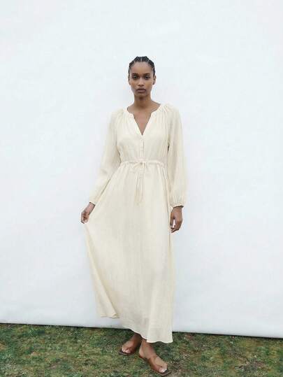 Maija Women's Solid Color V-Neck Button Design Raglan Sleeve Dress