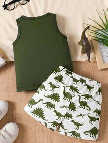 2pcs/Set Young Boy Casual Cute Cartoon Dinosaur Print Tank Top & White Printed Shorts Outfit, Suitable For Summer Outing,  Green Tank Top Dinosaur Set - Multicolor - View 2