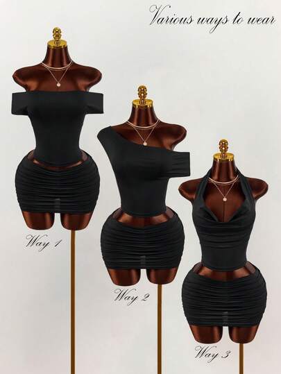 Amplova Women's Solid Color Draped Neck Top And Pleated Bodycon Mini Skirt Sexy 2-Piece Set