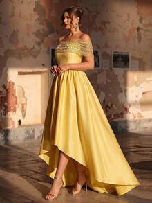 Aureia Plus Size Elegant Romantic Off-Shoulder Light Yellow Sweetheart Neckline Luxury Beaded Patchwork Wedding Dress, Short Front Long Back A-Line Silhouette, Suitable For Wedding, Party, Celebration, Formal Ball Gown Off Shoulder Formal Dress Yellow Wedding Guest Dress Yellow Cocktail Dress - Yellow - View 3