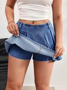 Rivivi 女士休闲褶皱牛仔短裤，夏季 - 中等水洗藍 - 查看 6