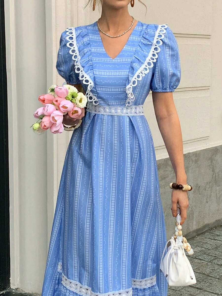 Elyressa 碎花撞色蕾丝边V领灯笼袖修身法式喇叭下摆女式连衣裙