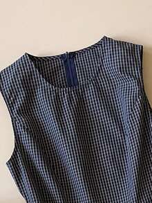 Muvela 春夏新款藏蓝色格纹圆领无袖荷叶边下摆女式连衣裙，甜美复古优雅时尚都市通勤装 - 藏蓝色 - 查看 3