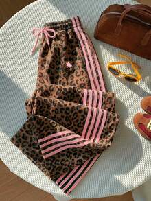 Comfortcana 2026 女士休闲运动条纹撞色豹纹马术标志长裤，侧边条纹松紧腰宽松运动裤，休闲百搭，适合日常街头穿搭、工作服、夏季、度假、比赛日、球迷周边、世界杯、运动服 - 彩色 - 查看 5