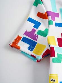 Tetris™ X SHEIN Baby Girl Letter & Geometric Print Round Neck Short Sleeve Top And Pants Casual Daily Outfit - Grey - View 5