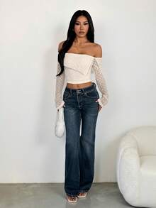 SHEIN PETITE Áo nữ thời trang thu đông, chất liệu vải có họa tiết, kiểu trễ vai, xếp ly, tay dài, màu trắng, trang phục ấm áp cho mùa thu đông. - Màu be - Xem 2