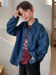 DAZY Tween Boy Dropped Shoulder Long Sleeve Single-Breasted Casual Denim Jacket - Blue - View 7