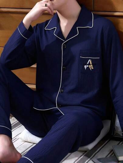 1 set Conjunto de ropa de estar por casa para hombre, pijamas hombres, pijama de botones para hombre, cuello de solapa, tejido suave, ideal para descanso diario y nocturno