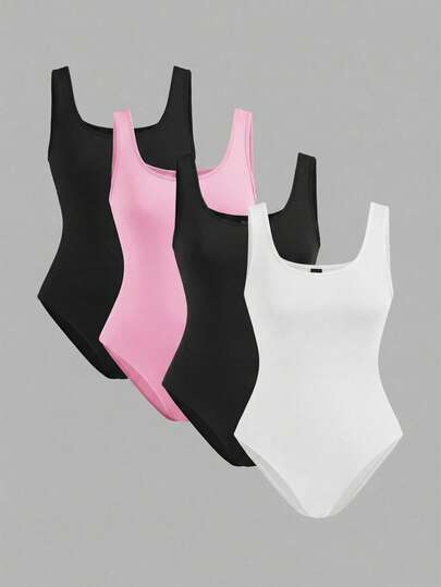SHEIN EZwear Summer 4pcs/Set Women's Multicolor Camisole Bodysuit, Black/White/Pink, Casual Tight Fit Shapewear Swimsuit Bodysuit Tops Bodysuits For Women Plus Body Suits For Women