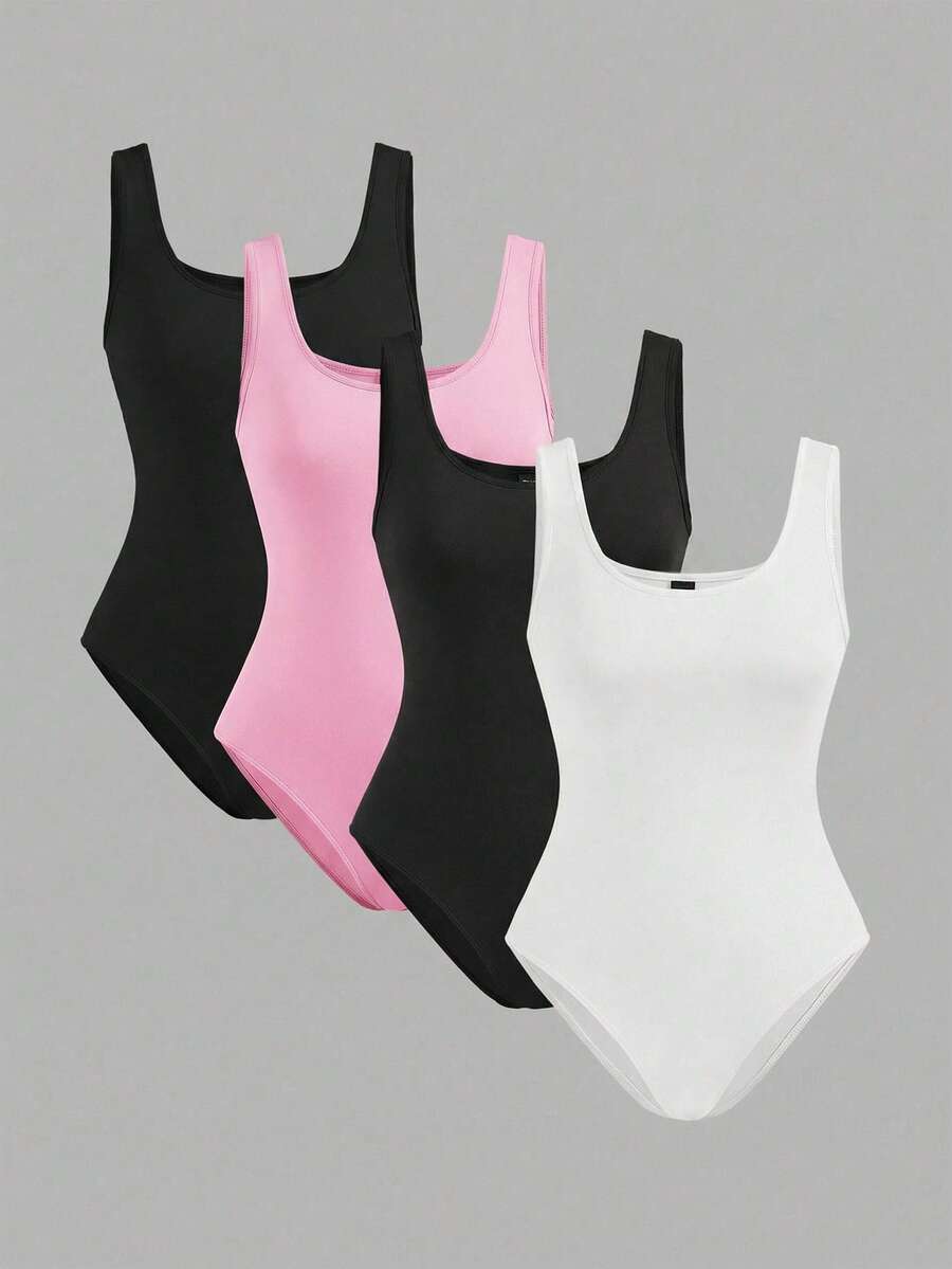 SHEIN EZwear 4件套女士多色吊带连体衣,黑/白/粉三色可选,休闲紧身款 - 彩色 - 查看 1