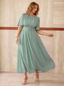 Roveilla 大码女士优雅休闲雪纺连衣裙，法式浪漫西西里风格，适合通勤、度假、下午茶、派对等场合，纯色，圆领，腰部褶裥设计，层叠荷叶边下摆，有衬里，无袖，及地长款 - 薄荷綠 - 查看 1