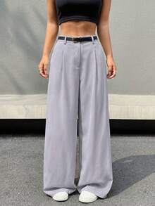 SHEIN EZwear 女士浅薰衣草色褶皱高腰系带阔腿休闲裤，适合工作和通勤穿着。 - 淺灰紫 - 查看 5