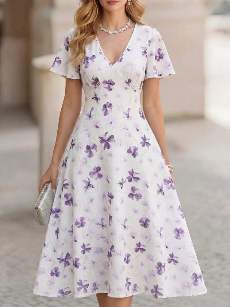 Elegant White Floral Midi Dress For Women – V-Neck Flutter Sleeve A-Line Dress With Purple Flower Print, Perfect For Summer & Spring, Ideal For Wedding Guest, Party, Vacation, Beach, Going Out, And Festival Occasions,Graduation Outfit For Mother, Ruffle Dress,Summer Outfits For Women