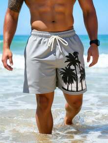 Manfinity Swimmode Men's Summer Vacation Tropical Palm Tree Print Drawstring Waist Beach Shorts - Light Grey - View 4