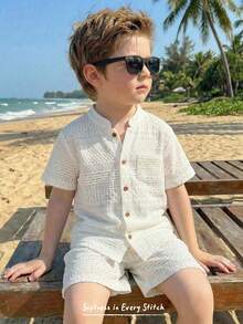 Cozy Pixies 2pcs/Set Young Boy Solid Color Comfortable Round Neck Short Sleeve Cardigan Shirt And Elastic Waist Shorts Summer Two Piece Set For Kids Boys White Beach Shirt Boys Resort Wear - Multicolor - View 2