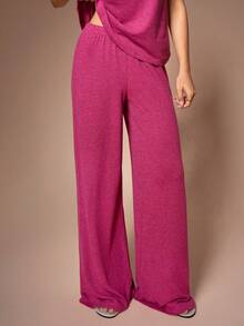 SHEIN Women's Casual Sleeveless Lapel Partial Button Pocket Top And Pants Pajama Set - Hot Pink - View 7