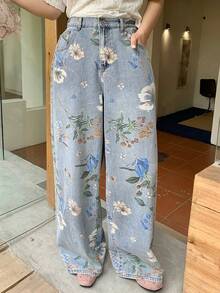 Dazy Plus 夏季印花直筒长款加大码女式牛仔裤 - 淺色水洗藍 - 查看 2