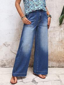 EMERY ROSE 女士度假休闲水洗阔腿牛仔裤 - 藍色 - 查看 4