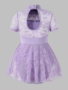Tween Girls Activewear Leotard, Suitable For Ballet, Back To School, Campus Workout, Training, Competition, Casual Wear. Fashionable Stretchy Mesh Long Sleeve Design, Comfortable & Elastic Dance Sportswear Lavender Dance Dress Ballet Dress Lace Ballet Dress Girls Dance Dress Short Sleeve Dance Dress - Purple - View 7