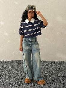 Tween Girls ' Spring/Summer Form-Fitting Striped Contrast Color Polo Neck T-Shirt - Blue - View 5