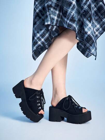 Sugerpunk Women's Punk Style Y2K Casual Streetwear Hollow Out Rivet Lace-Up Wedge Platform Sandals, Gothic Retro Roman Gladiator Chunky Heel Peep Toe Party Nightclub Festival Comfortable Slip-On Shoes