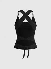 ROMWE Grunge Punk Y2K Sexy Babe U-Neck Tie-Up Design Bodycon Tank Top For Women - Black - View 2
