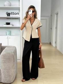 Easowa V-Neck Wide Shoulder Jumpsuit Sleeve Metal Button Asymmetrical Hem A-Line Blouse Casual Loose Elegant Office Lady Vacation Spring Summer Women Thin Blazer - Khaki - View 4