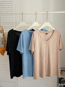 Comfortcana 3pcs/Set Plus Size Casual V-Neck T-Shirts, Spring/Summer, Summer Tops - Multicolor - View 6