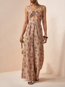Zivah Retro Brown Floral Jumpsuit For Women Summer Boho Vacation Holiday Embroidered Spaghetti Strap Twisted Hollow Decor Beach Party Wedding Guest Outfit - Brown - View 5