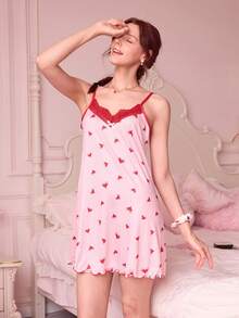 Bonmuse 蕾絲修邊心形印花背心睡衣 - 粉色 - 查看 5