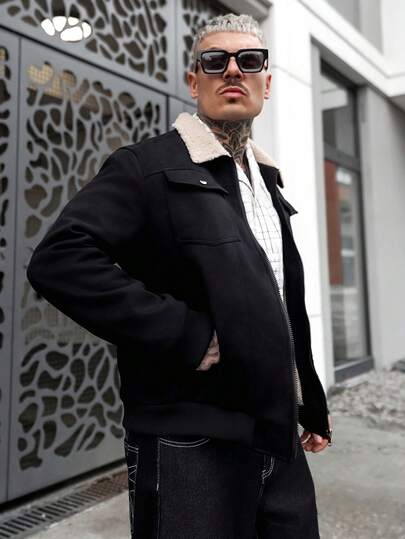 Artur Kramer 男士长袖羊羔绒外套，泰迪领，男士冬季外套，黑色，秋季