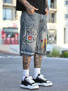 Devon Thys Men's Floral Pattern Frayed Pocket Wide Leg Loose Denim Shorts Hang Out Street Tropical College - Light Wash - View 5
