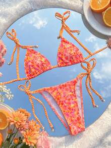 Swim Mod 两件套女士时尚可爱性感沙滩装，碎花荧光蝴蝶结珍珠装饰吊带背心和侧系带比基尼泳裤套装 - 彩色 - 查看 3