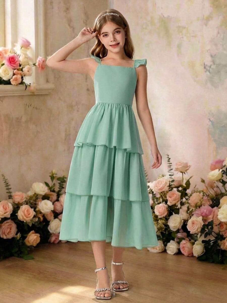 Pitira Tween Girls Partywear Green Solid Chiffon Cap Sleeve Ruffle Waist Midi Princess Dress, Suitable For Flower Girl, Wedding Season, Valentine's Day, Party, Birthday, Spring Festival And Other Occasions - Green - View 1