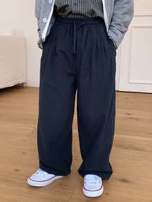 DAZY Tween Boy Solid Color Drawstring Waist Casual Versatile Everyday Loose Pants - Navy Blue - View 2