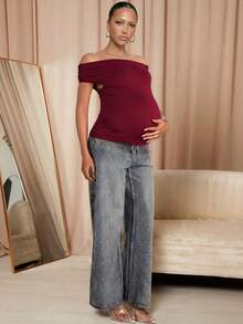 MaterniChic 孕妇纯色露肩褶皱时尚百搭日常T恤 - 紅色 - 查看 3