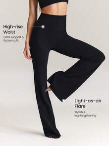 GLOWMODE 33英寸 FeatherFit™ Groovy Flare 高腰超长喇叭紧身裤，柔软弹力，吸汗透气，适合低强度瑜伽、普拉提、日常运动穿着 - 黑色 - 查看 4