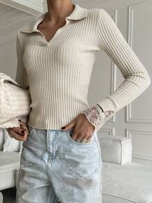 DAZY Sweater Pullover Lengan Panjang Slim Fit Wanita Warna Polos dengan Detail Renda Kontras - Aprikot - View 4