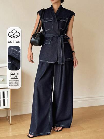 DAZY ملابس علوية جينز بلا أكمام مع جيب وحزام، مقترنة بسروال جينز مستقيم فضفاض مغسول، إطلالة كاجوال للمدينة