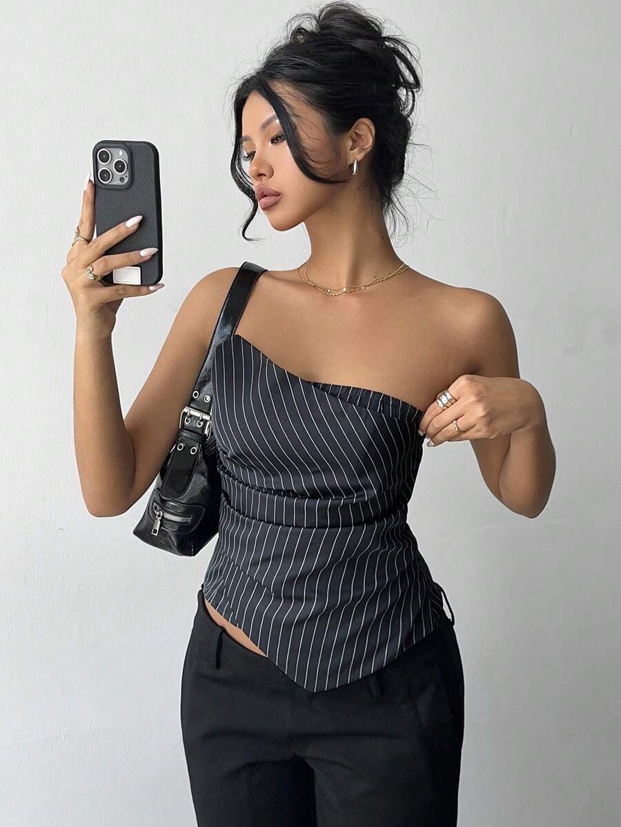 Aloruh 女士秋冬新款通勤日常外出收腰紧身不对称褶皱条纹深灰色上衣 - 深灰色 - 查看 1