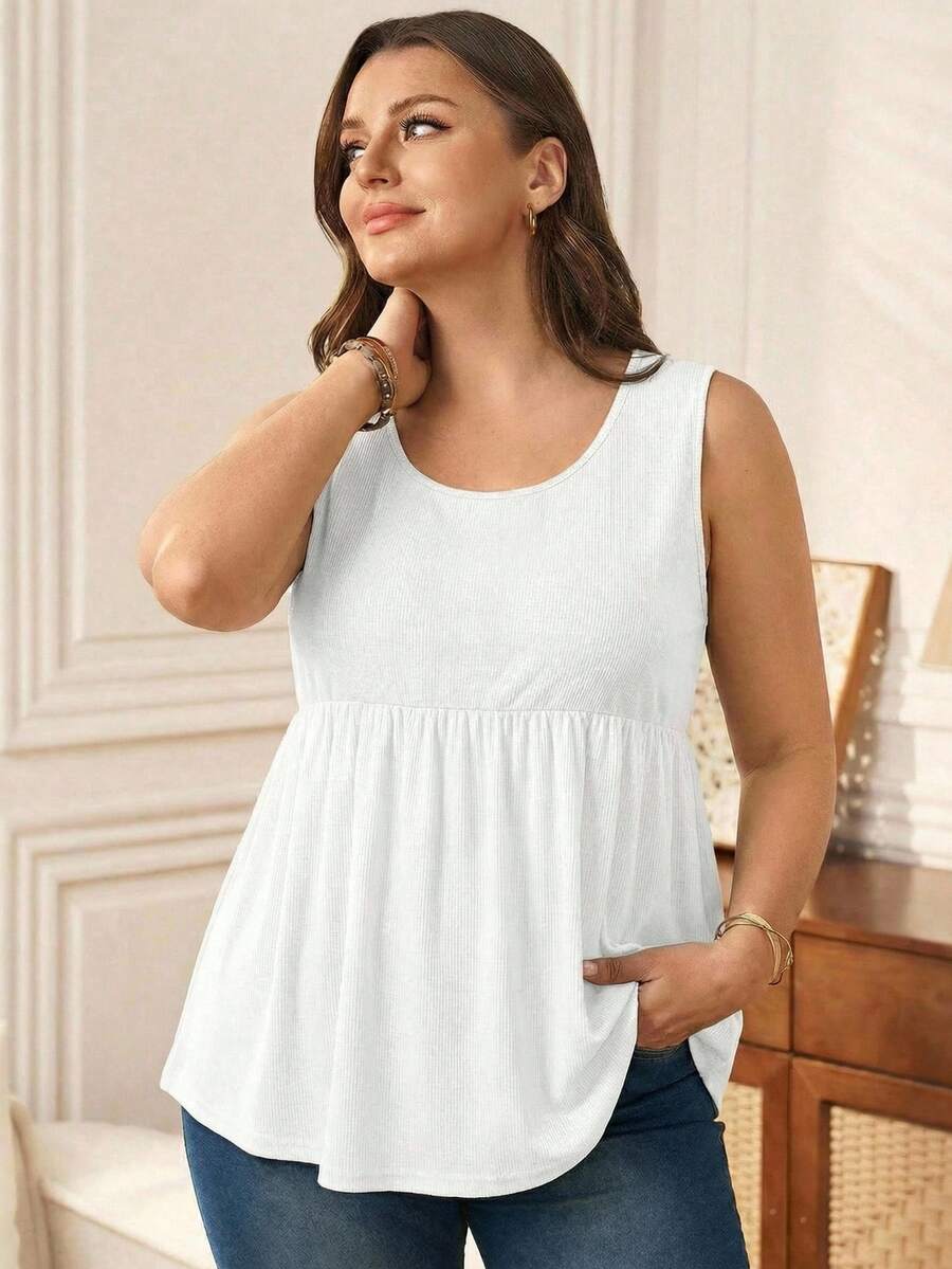 Rosumi Plus Size Women Deep Blue Solid Color Minimalist Fashion Tank Top, Suitable For Summer - White - View 1