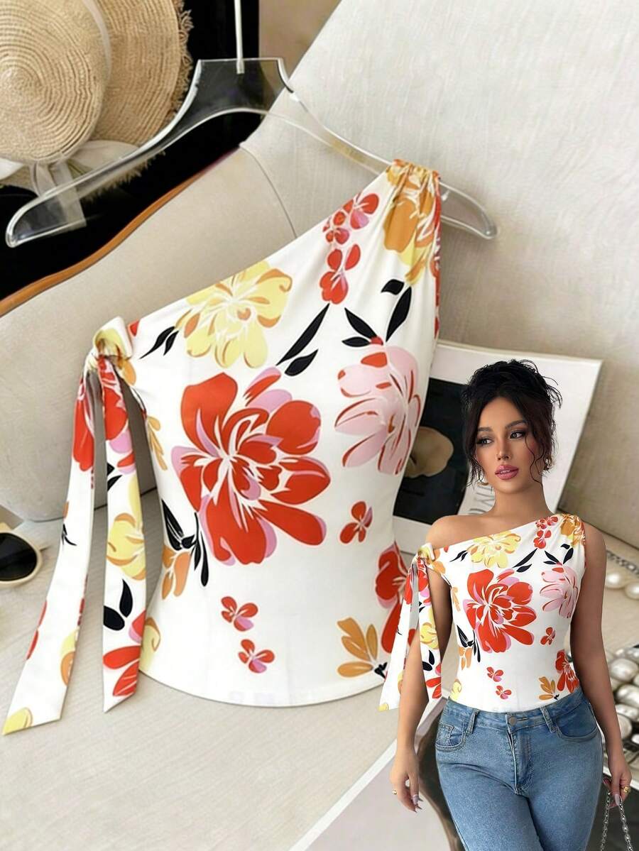 SHEIN Elenzya 女士多色印花肩部系带蝴蝶结装饰修身针织T恤，度假风 - 彩色 - 查看 1