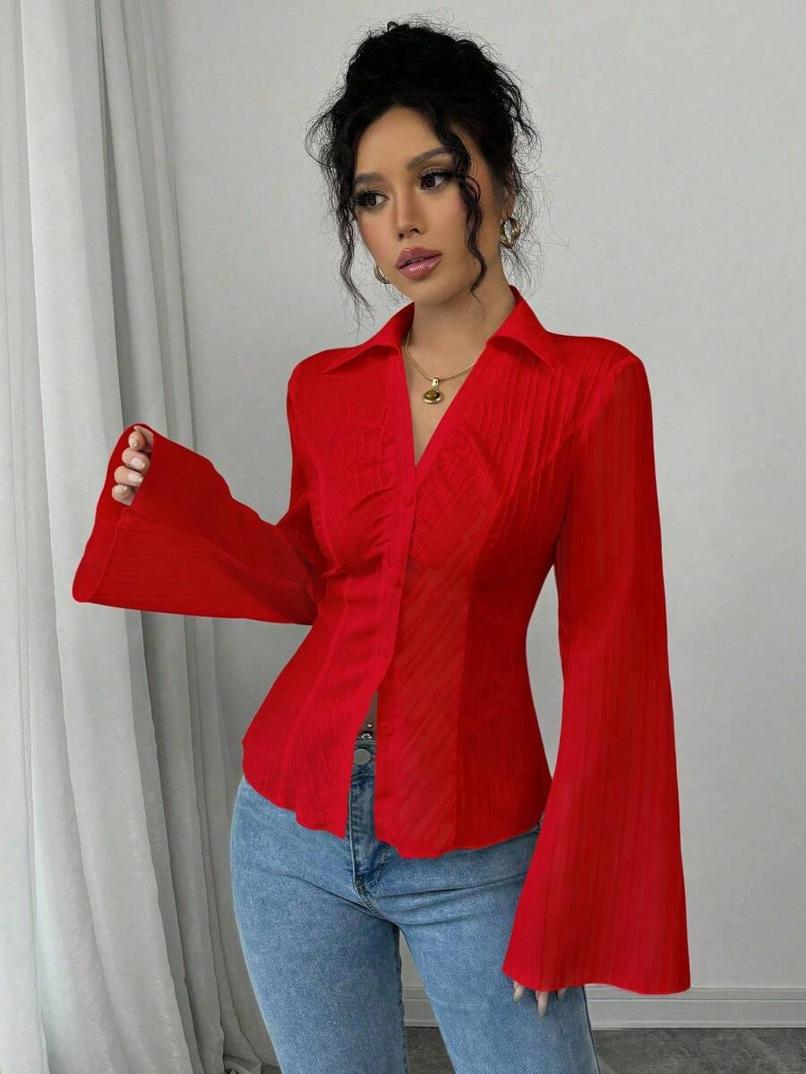 Selianne Áo sơ mi nữ kiểu Pháp cổ chữ V màu trắng, thắt eo, áo cổ bẻ mùa thu, kiểu dáng thường ngày cho nữ, thích hợp mặc mùa xuân thu. - Đỏ - Xem 1