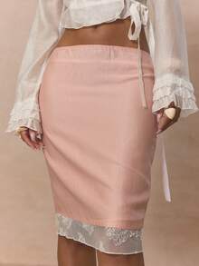 MUSERA Lace Trim Straight Fit Low Rise Midi Skirt Coord Bottoms Only  Cute Spring Holiday Girly Sugar Salt - Pink - View 5